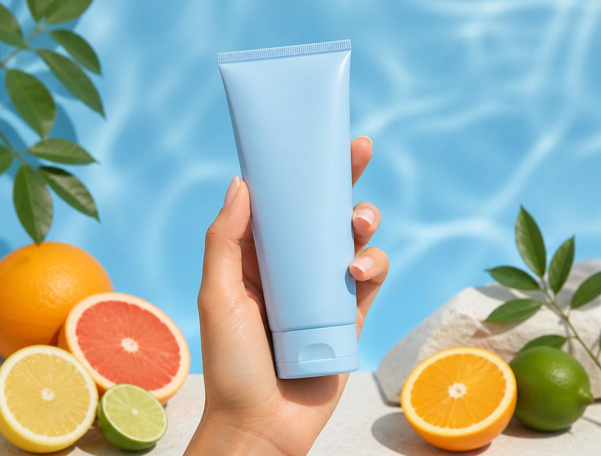 Light blue sunscreen tube with fresh fruit on a summer backdrop