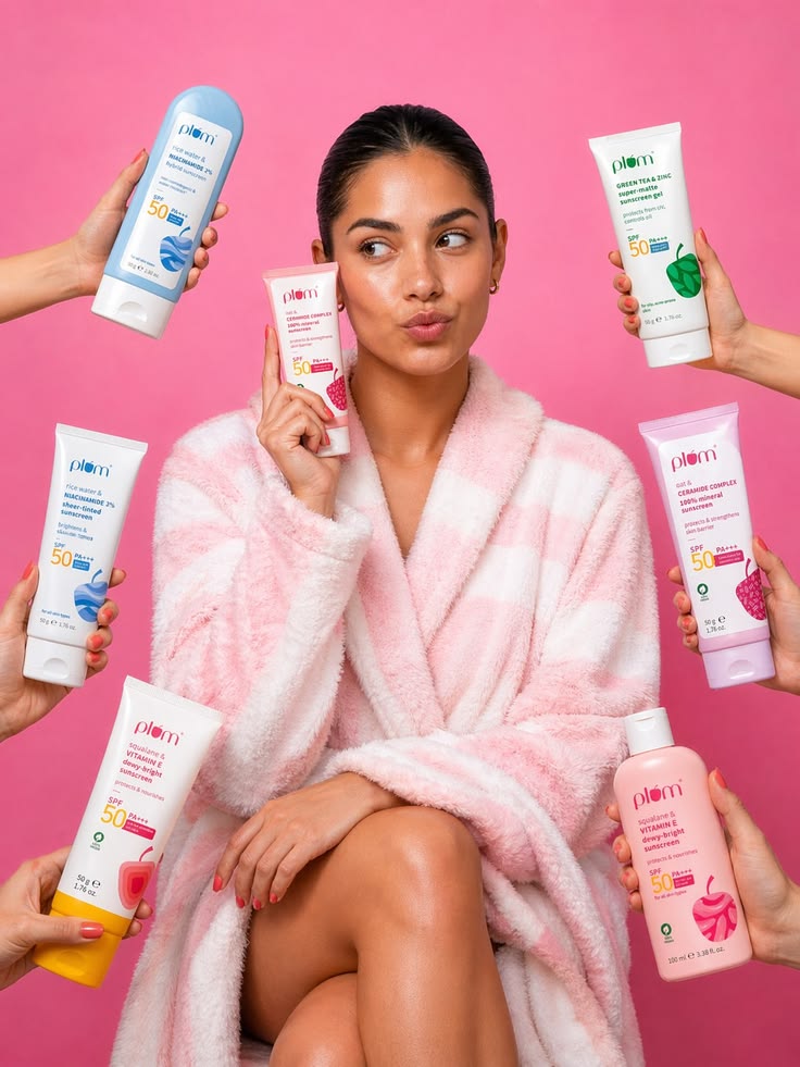 Collection of sunscreen tubes held by a model in a pink robe