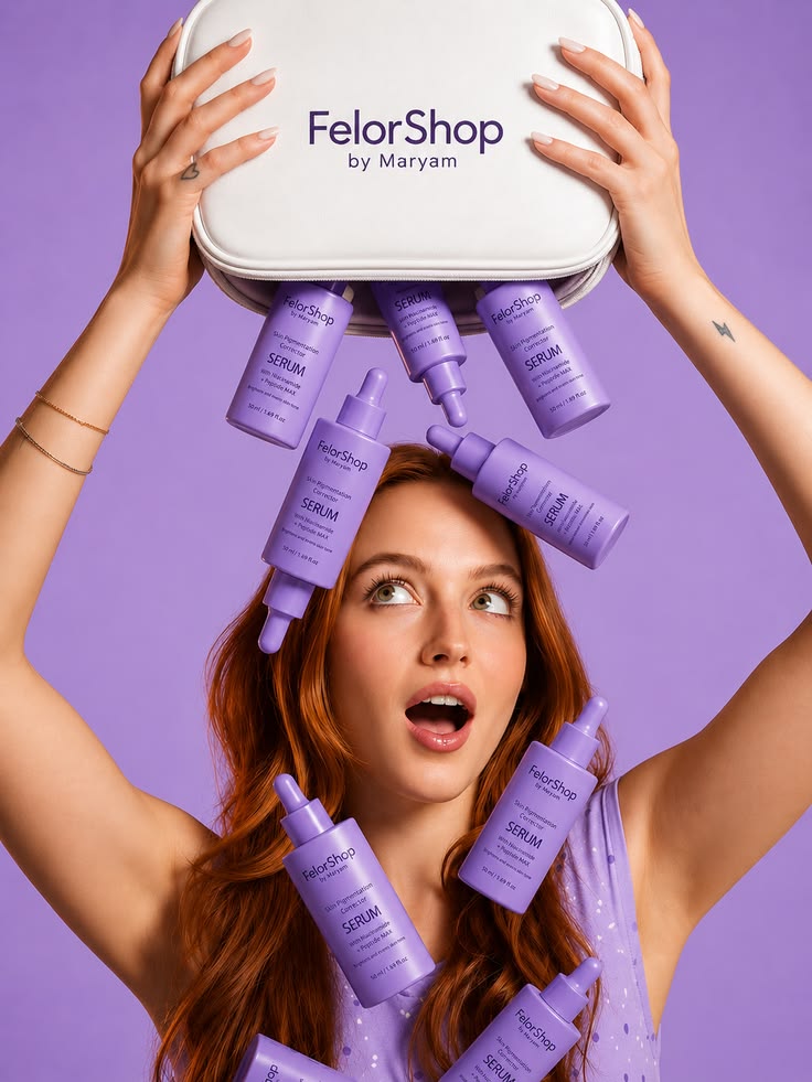 Purple serum dropper bottles arranged around a carrying case