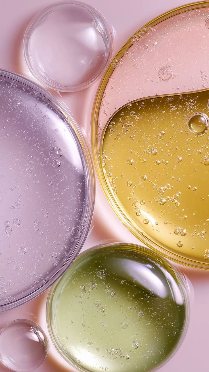 Petri dishes of tinted serum gels and oils